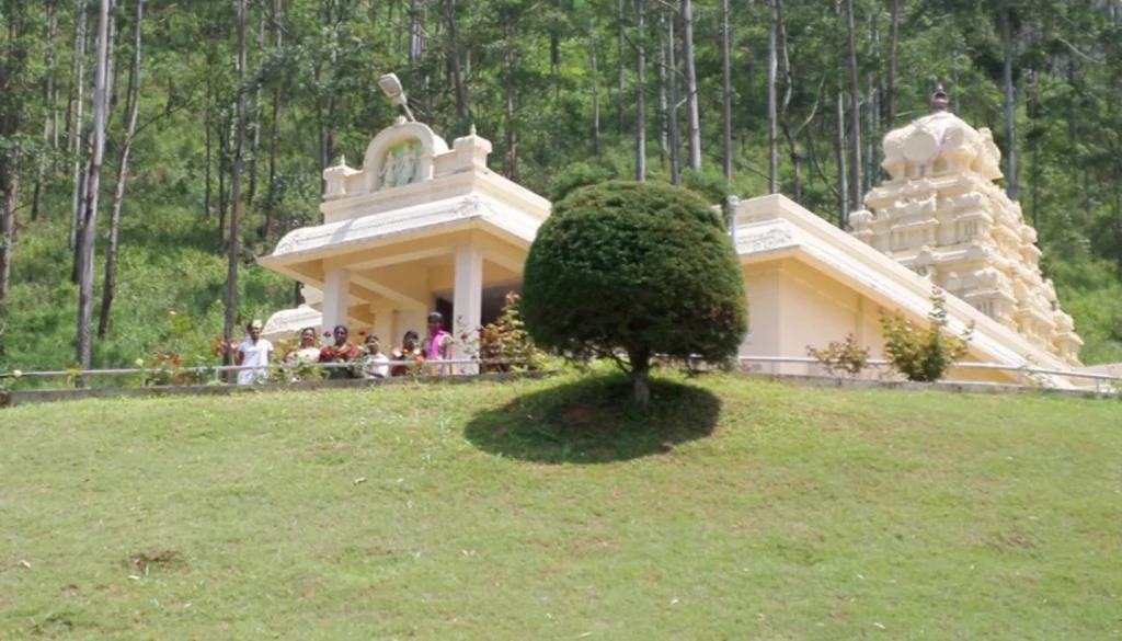 Serene Shri Bhakta Hanuman Temple amidst Ramboda's lush hills in Sri Lanka.
